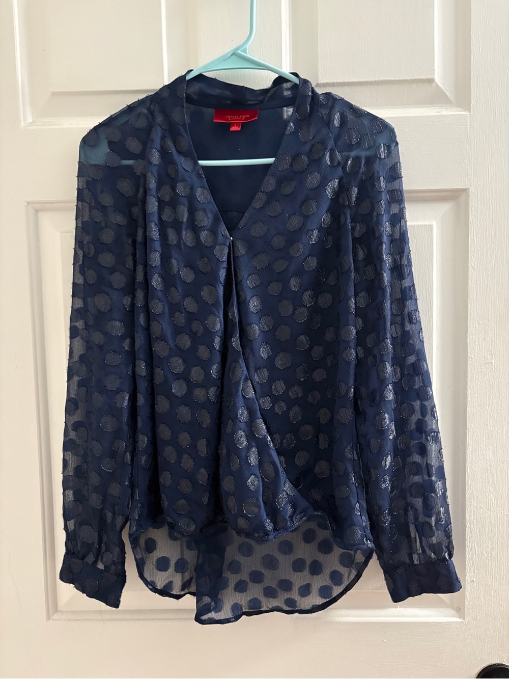 Jennifer Lopez Navy Sheer Polka Dot Wrap Blouse